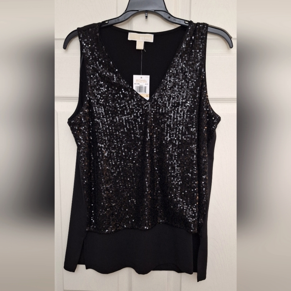 Michael Michael Kors Black Sequin Tank Top V Neck Size Small NWT